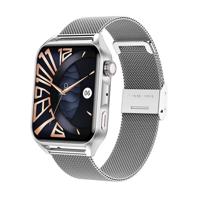 Pink smartwatch with AMOLED screen showing multiple watch dials and a silicone strap on a wrist