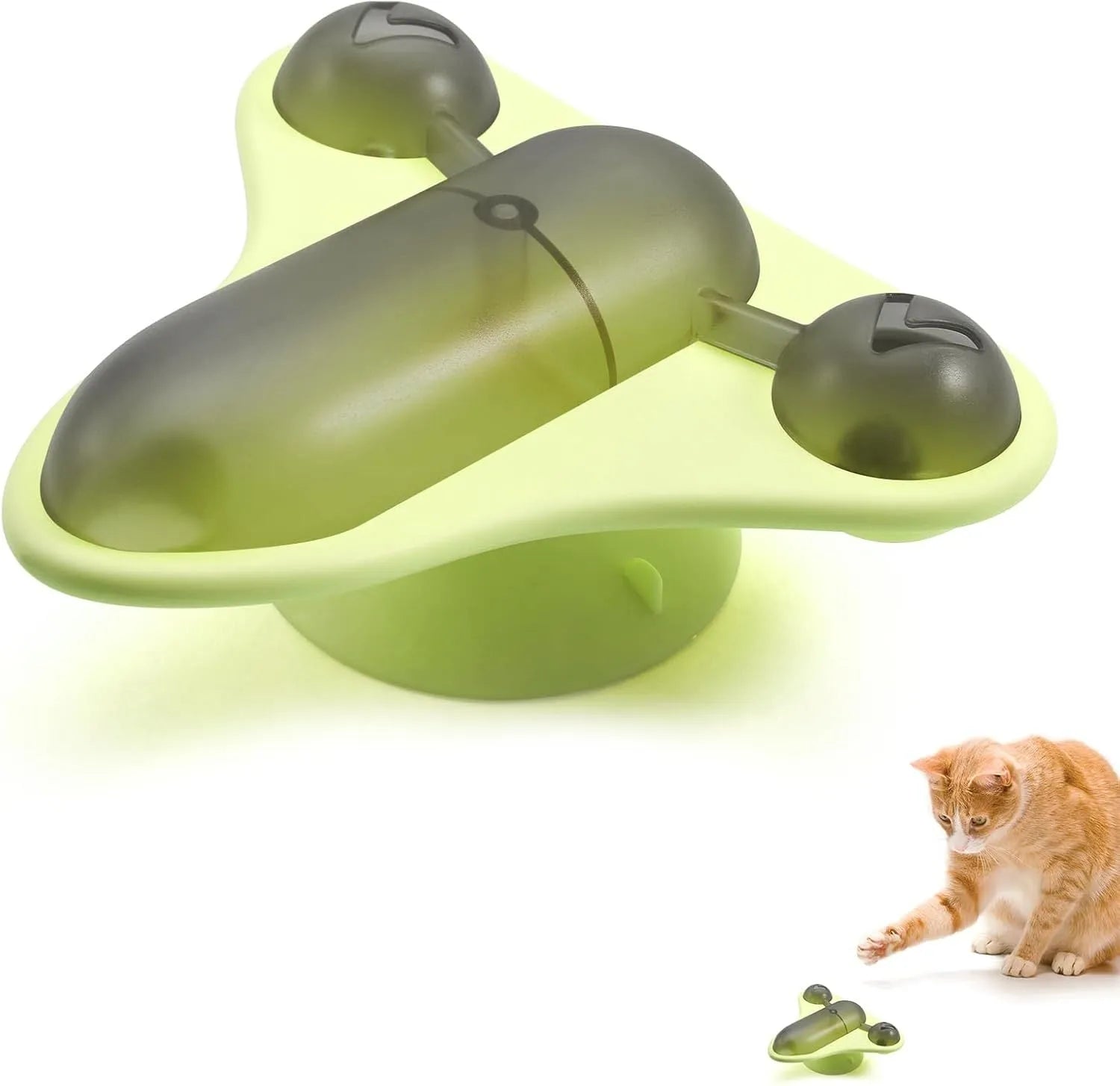Blue interactive pet puzzle toy with bell, catnip, and clear snack cabin on a suction cup base.