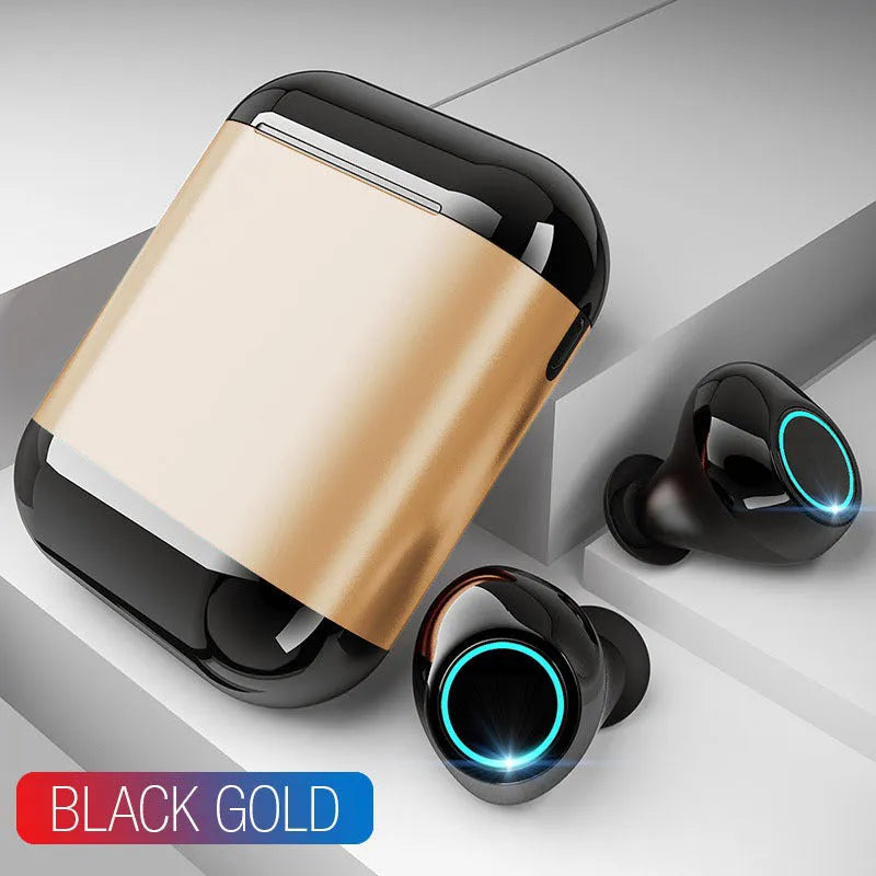 TWS wireless Bluetooth earbuds in black, gold or light grey with dual stereo design