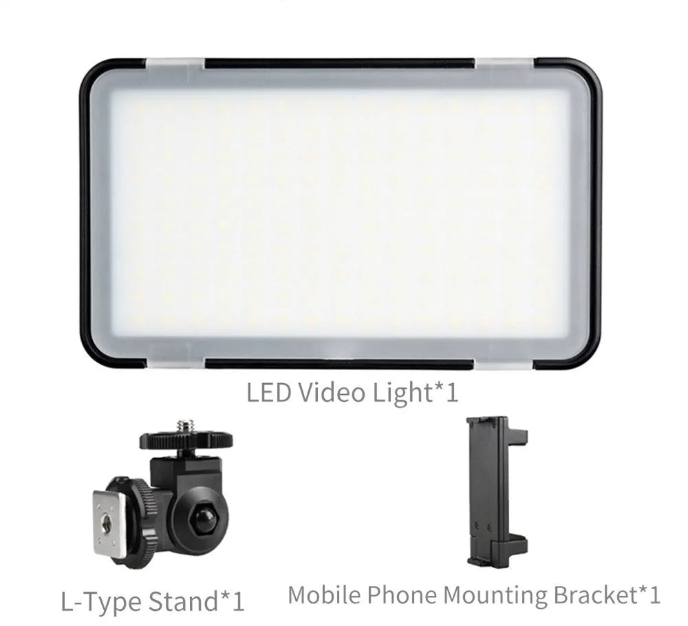 Slim silver Shenniu M150 LED video light mounted on a mobile phone showing its thin 20mm aluminium profile.
