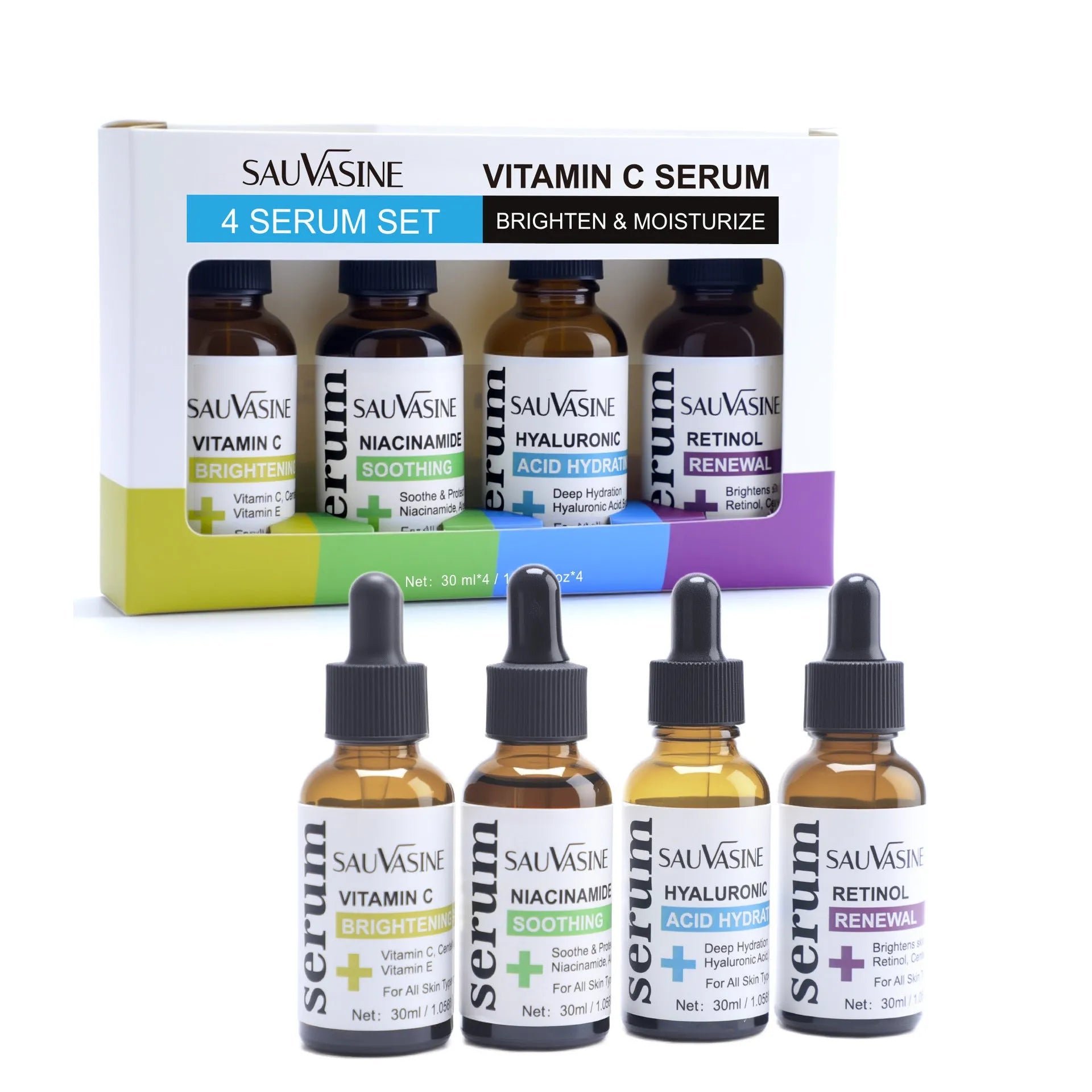 Vitamin C skincare four-piece set with four 30ml facial essence bottles for pore refinement