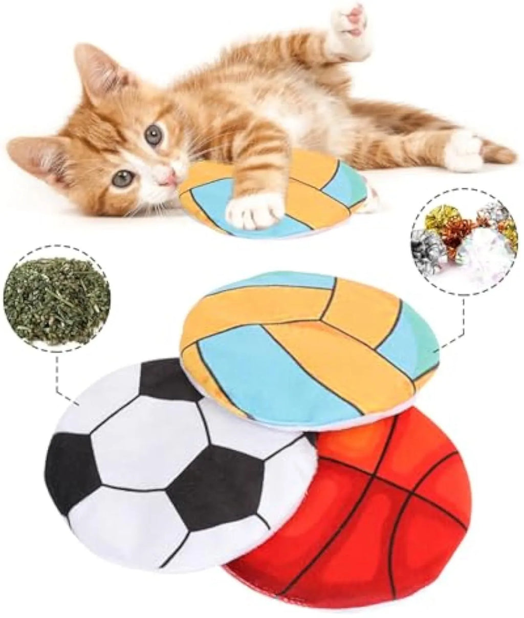 Plush flying disc cat toy with sports ball pattern, containing catnip and crinkle sound elements.