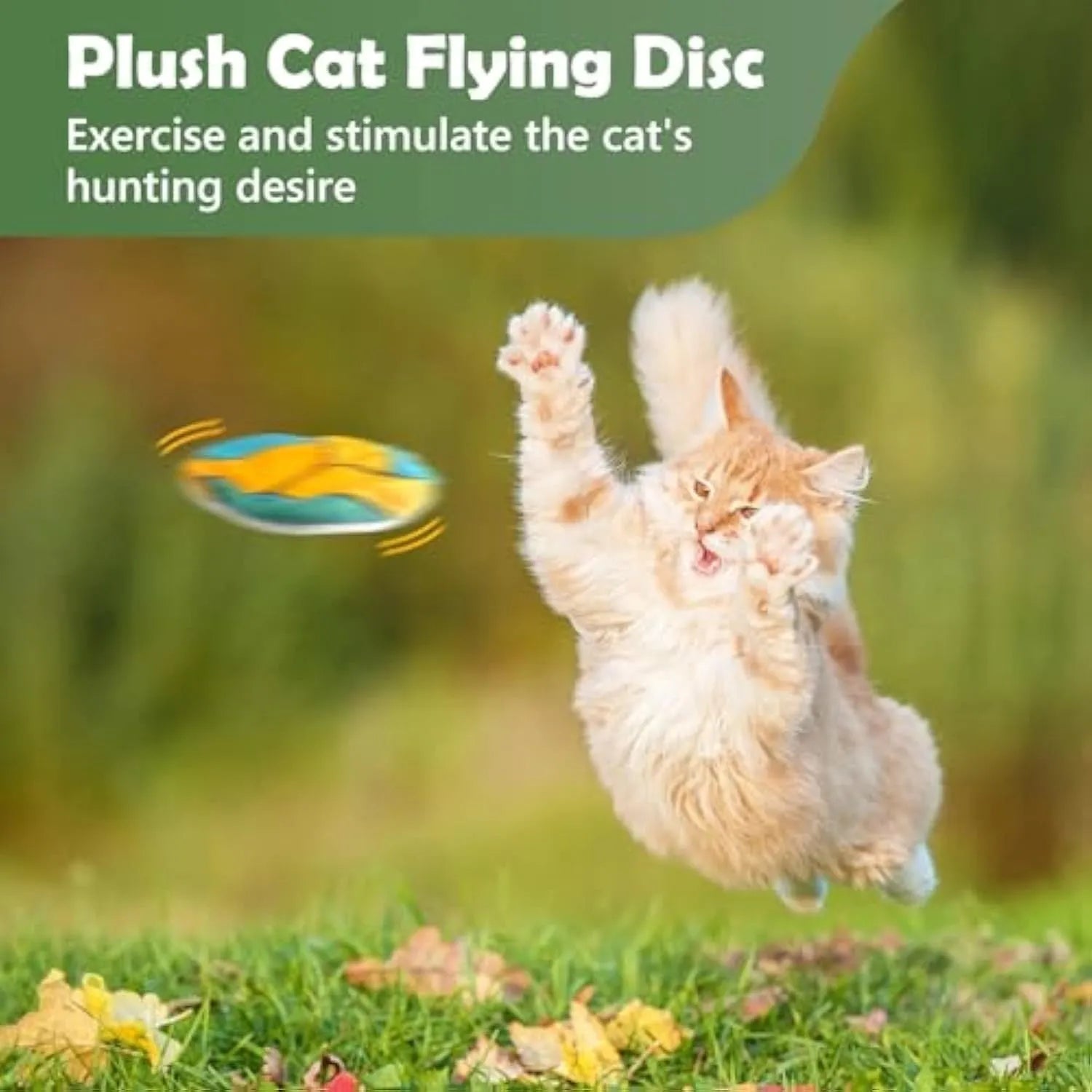 Plush flying disc cat toy with sports ball pattern, containing catnip and crinkle sound elements.