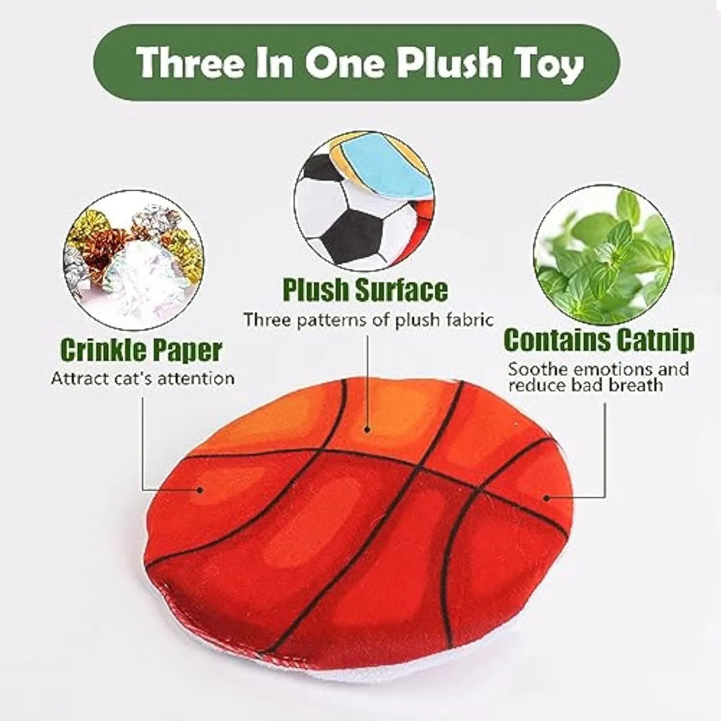 Plush flying disc cat toy with sports ball pattern, containing catnip and crinkle sound elements.