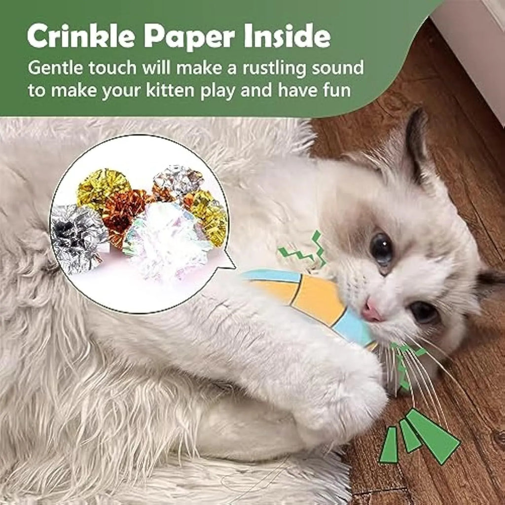 Plush flying disc cat toy with sports ball pattern, containing catnip and crinkle sound elements.