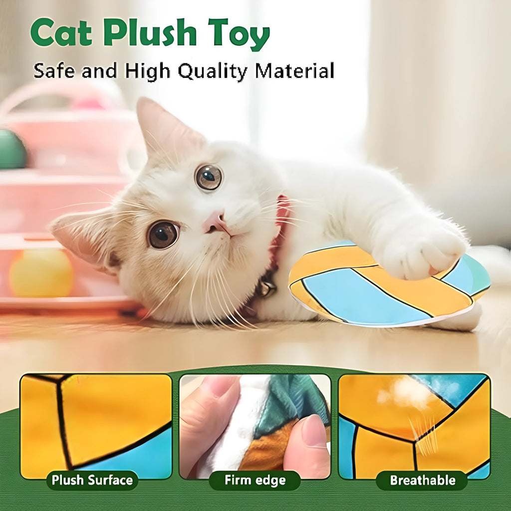 Plush flying disc cat toy with sports ball pattern, containing catnip and crinkle sound elements.
