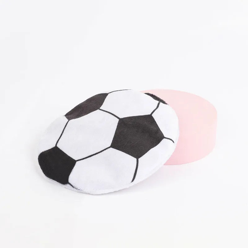Plush flying disc cat toy with sports ball pattern, containing catnip and crinkle sound elements.