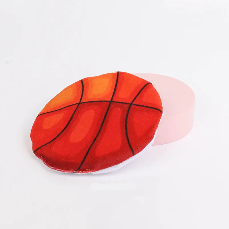 Plush flying disc cat toy with sports ball pattern, containing catnip and crinkle sound elements.
