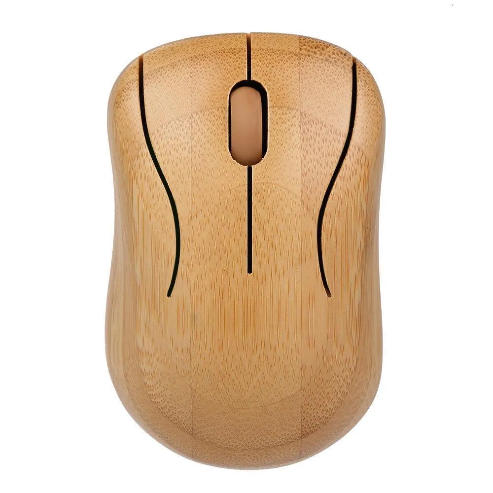 Bamboo wireless keyboard and mouse set on a wooden desk, natural finish, full-size keyboard and compact mouse