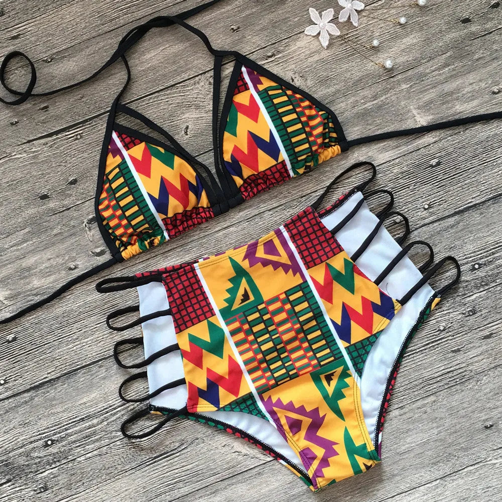Women's high-waist bikini with digital printing and backless design for swimming