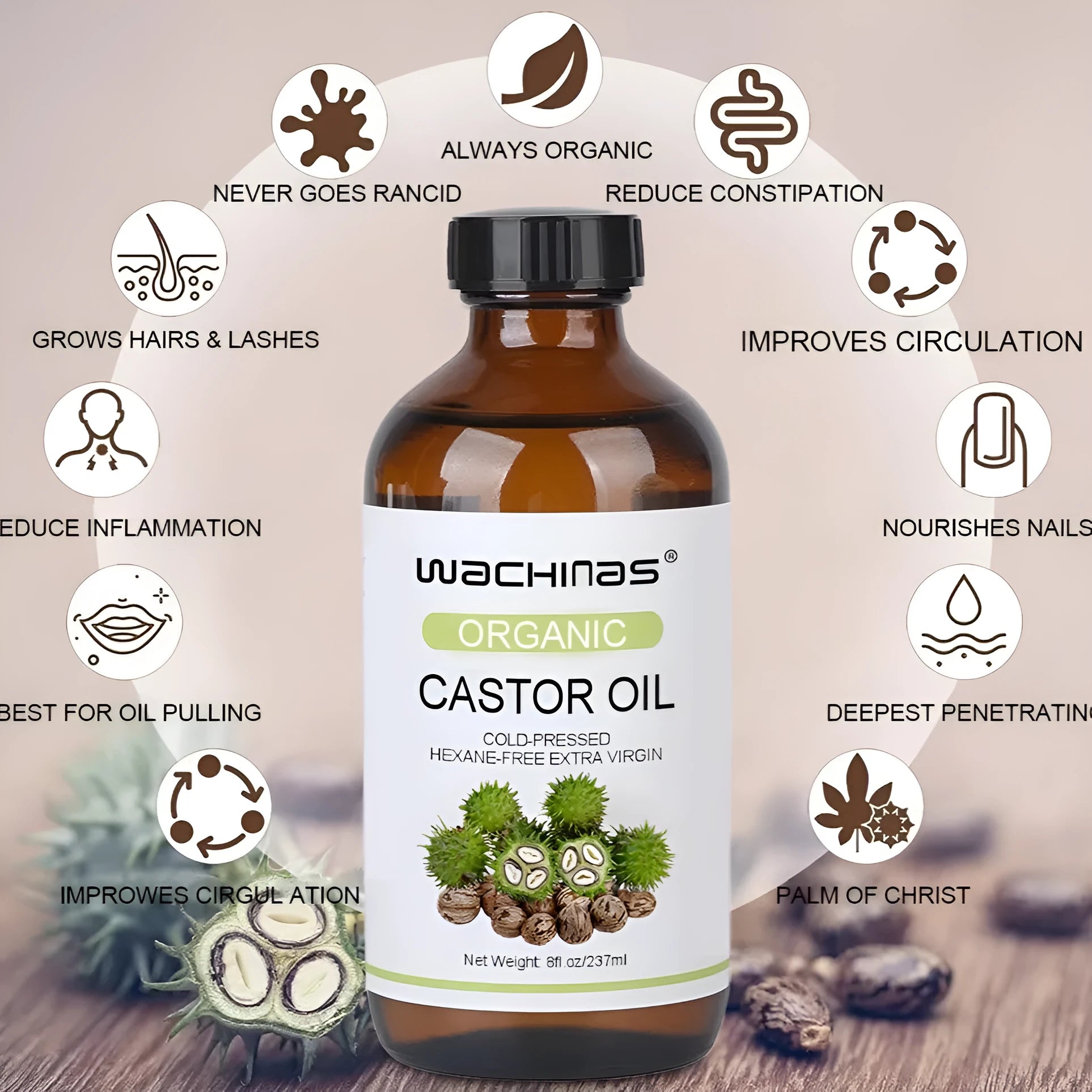 Organic cold pressed castor oil 237ml bottle for moisturising skin and hair