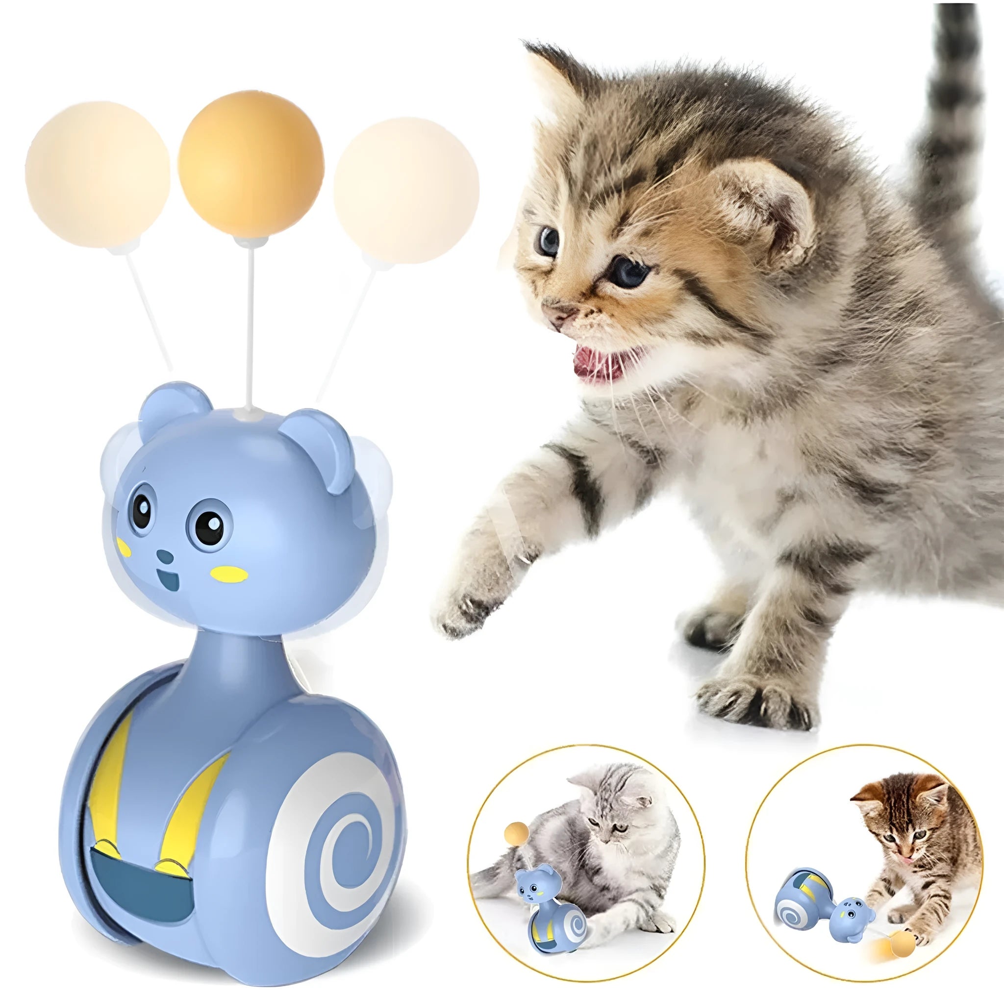 Cat interactive tumbler toy with feather wand and rolling ball in pink or blue colours