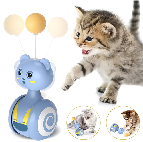 Cat interactive tumbler toy with feather wand and rolling ball in pink or blue colours