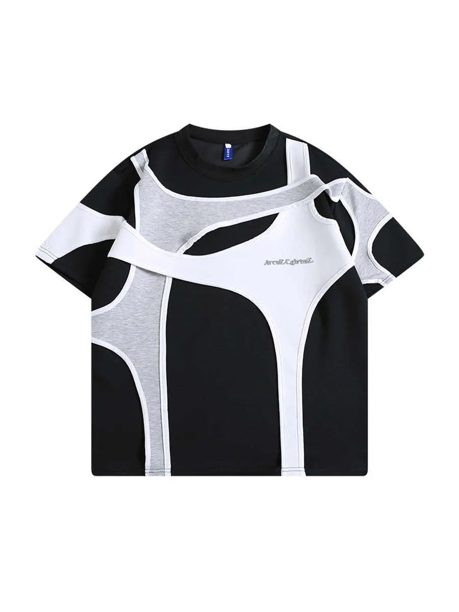 Men's loose fit black t-shirt showing double-stitch padded shoulder detail and round neck collar
