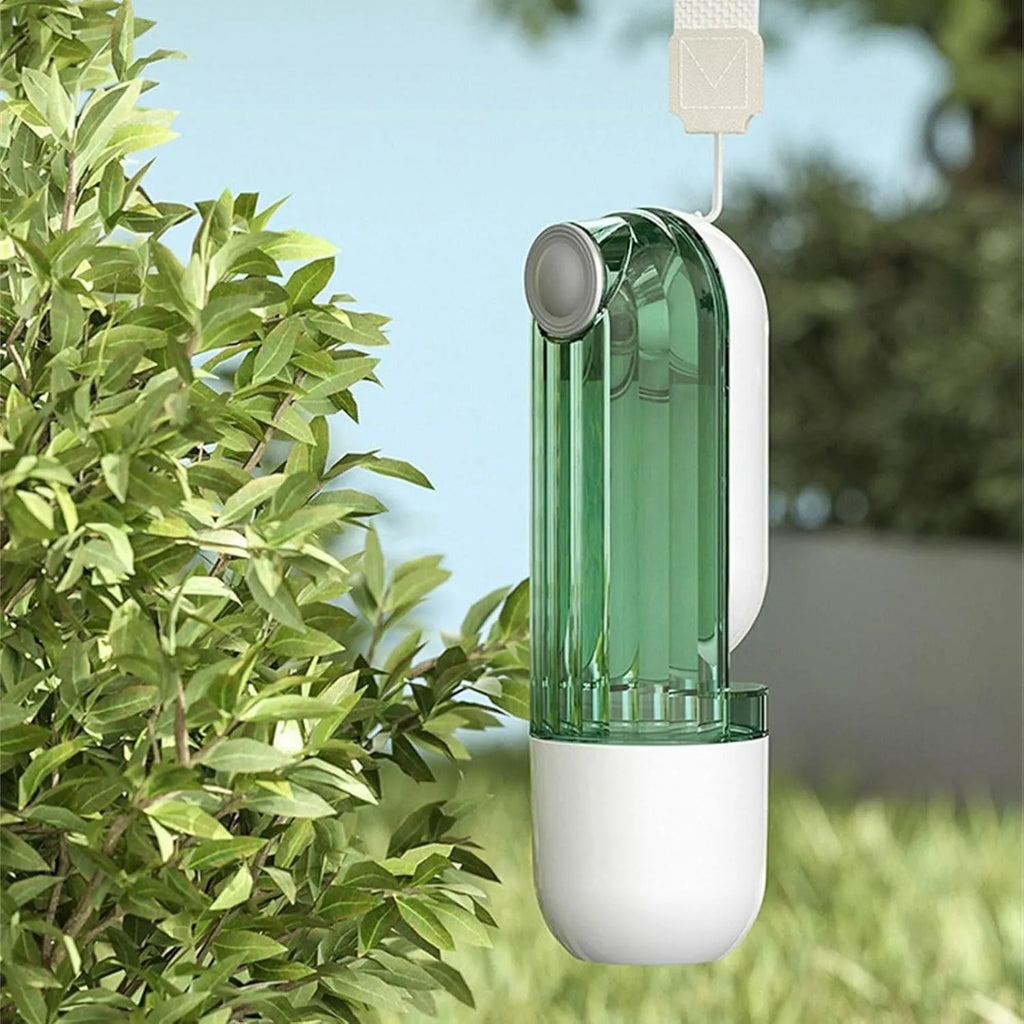 Beige foldable dog water bottle with food container base for outdoor use