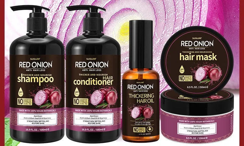 Red onion shampoo and conditioner four-piece set showing 500ml bottles, 250ml hair mask, and 50ml essential oil.