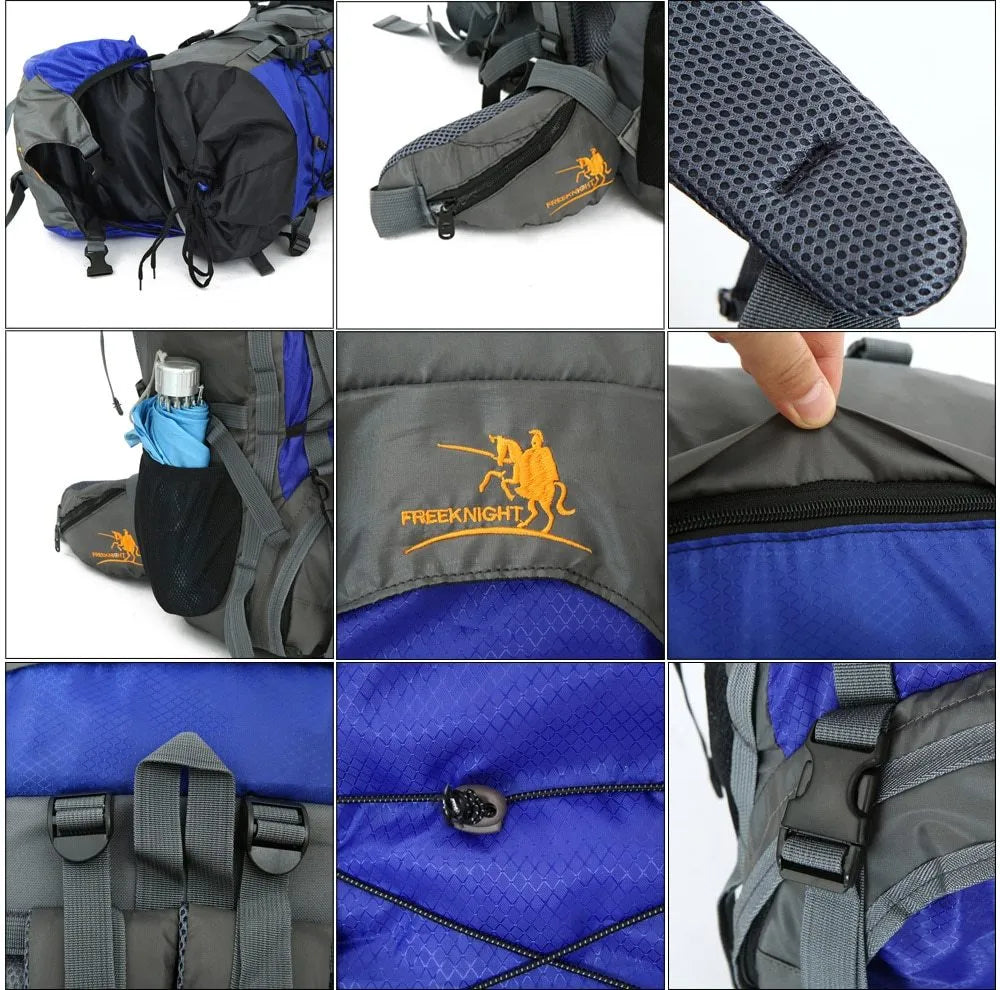 Extra large 60L nylon water resistant outdoor travel backpack with external stores system and adjustable shoulder strap