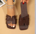 Women's square toe flat sandals with snakeskin pattern hollow out summer slides in black