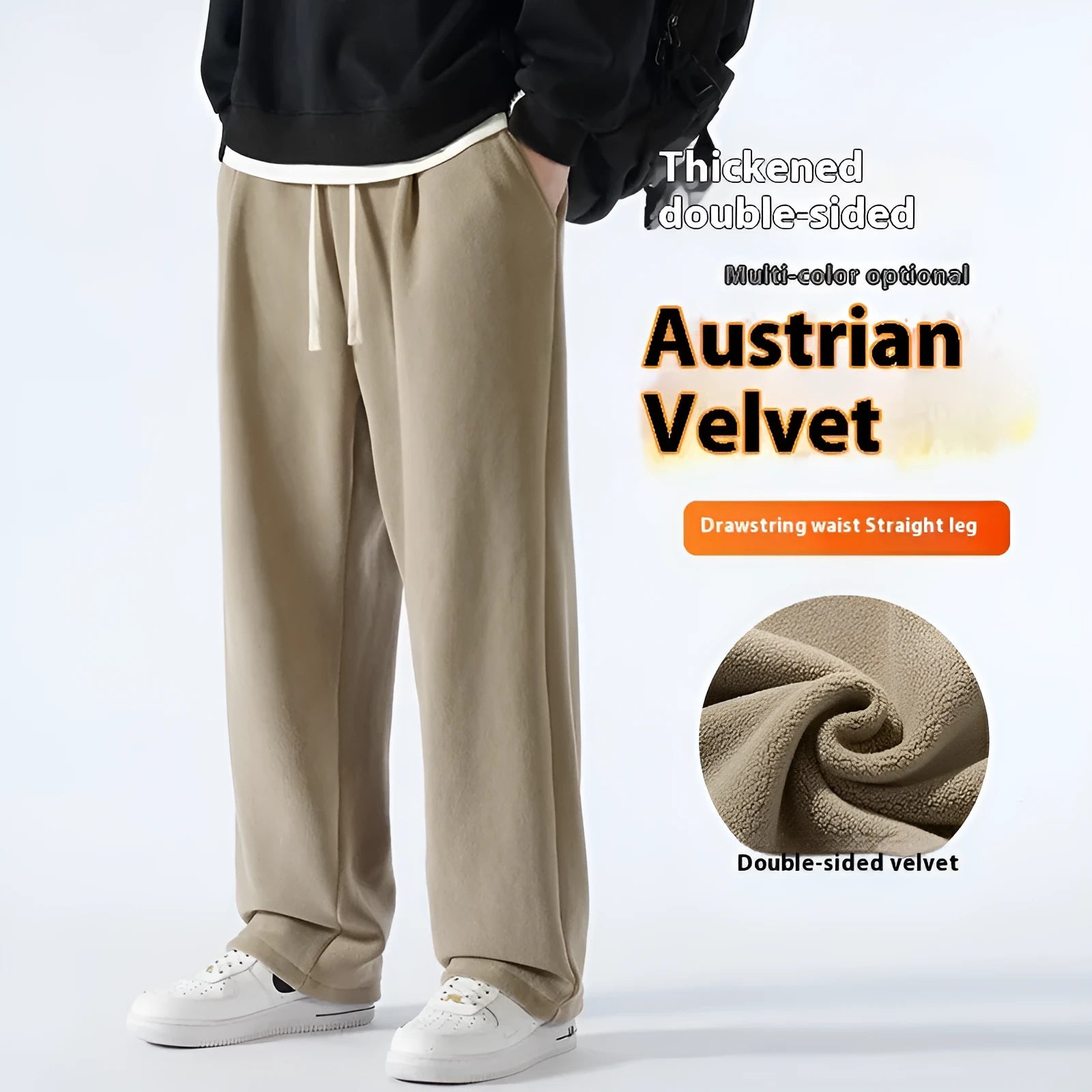 Men's double-sided polar fleece sports trousers in apricot, showing loose fit and drawstring waist.