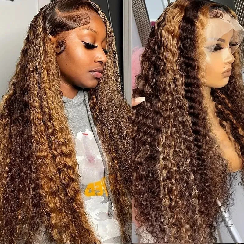 Medium volume long curly lace wig with gradient highlights in light gold colour for face shape modification