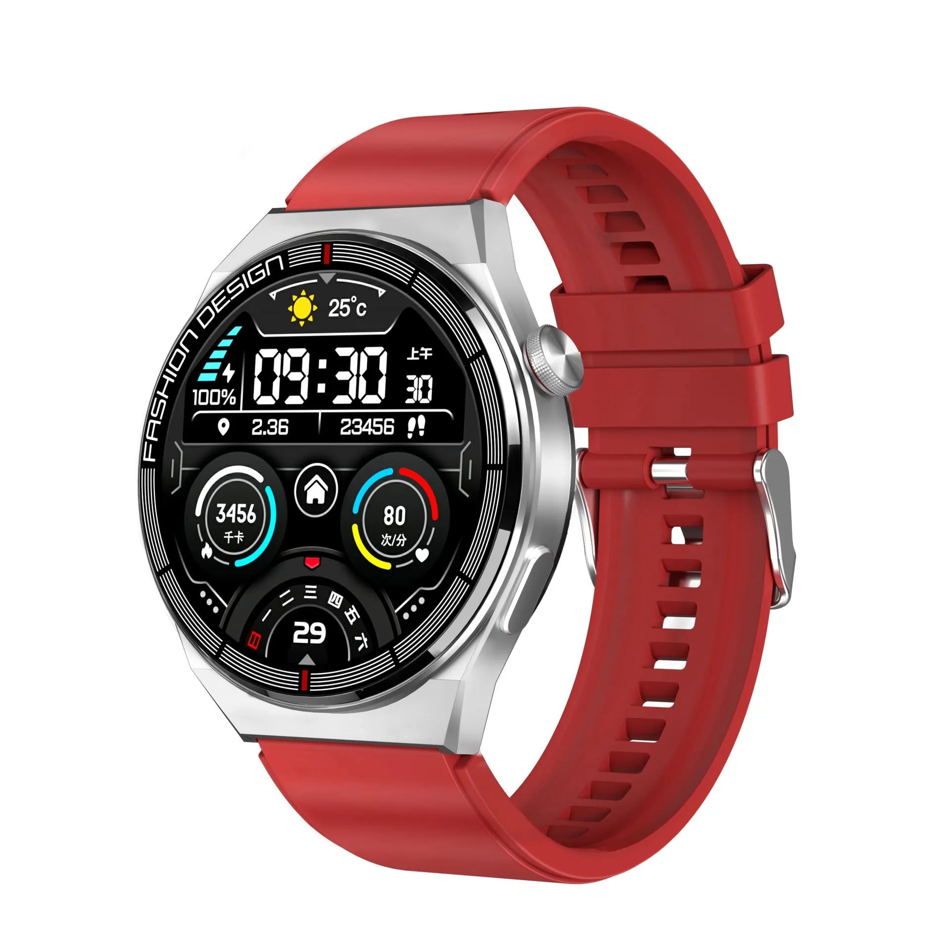 1.28-inch smartwatch showing health metrics on screen with silicone wrist strap