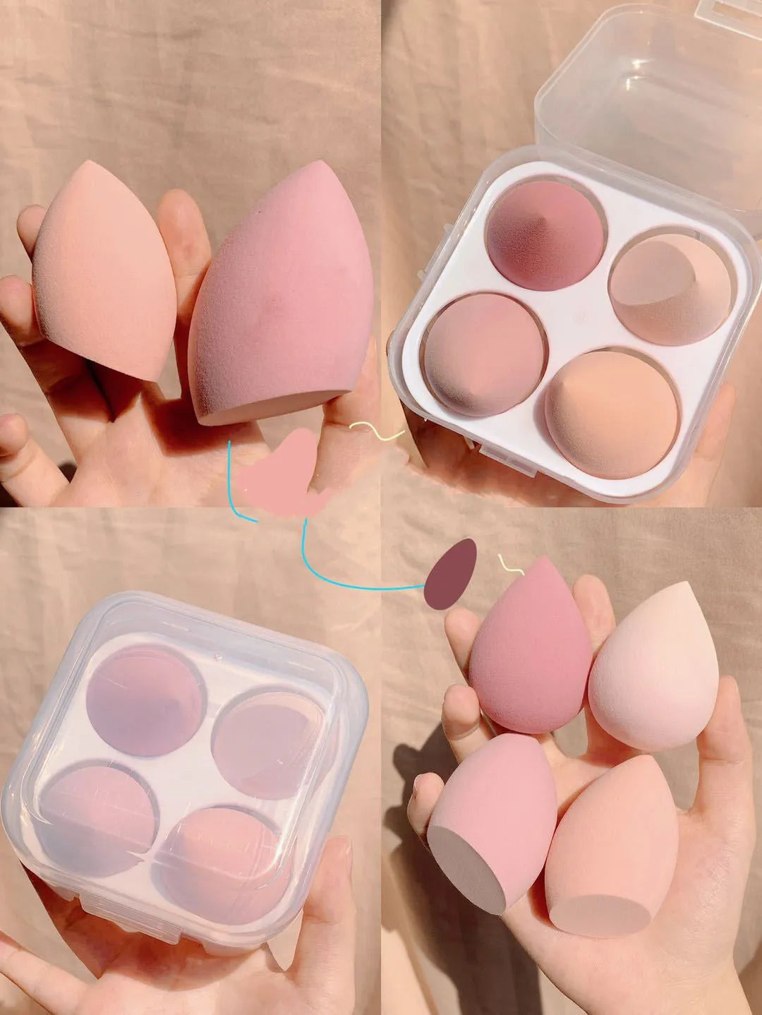 Four synthetic sponge makeup egg applicators in Grape, Mango, Mint, and Peach peach colours.