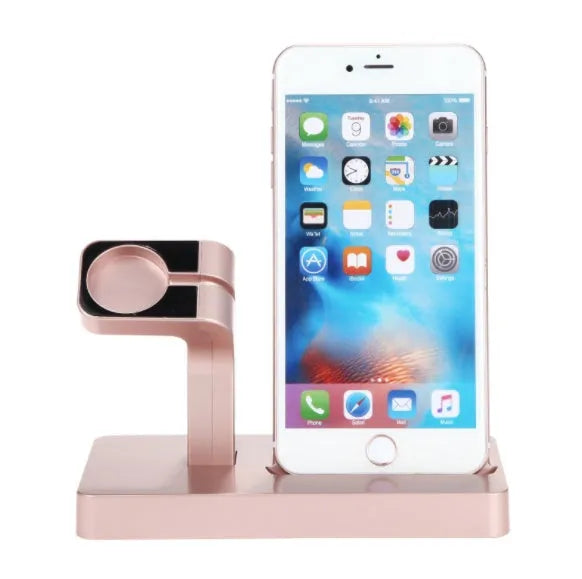 White 2-in-1 desktop charging dock holding an iPhone and an Apple Watch for simultaneous charging.