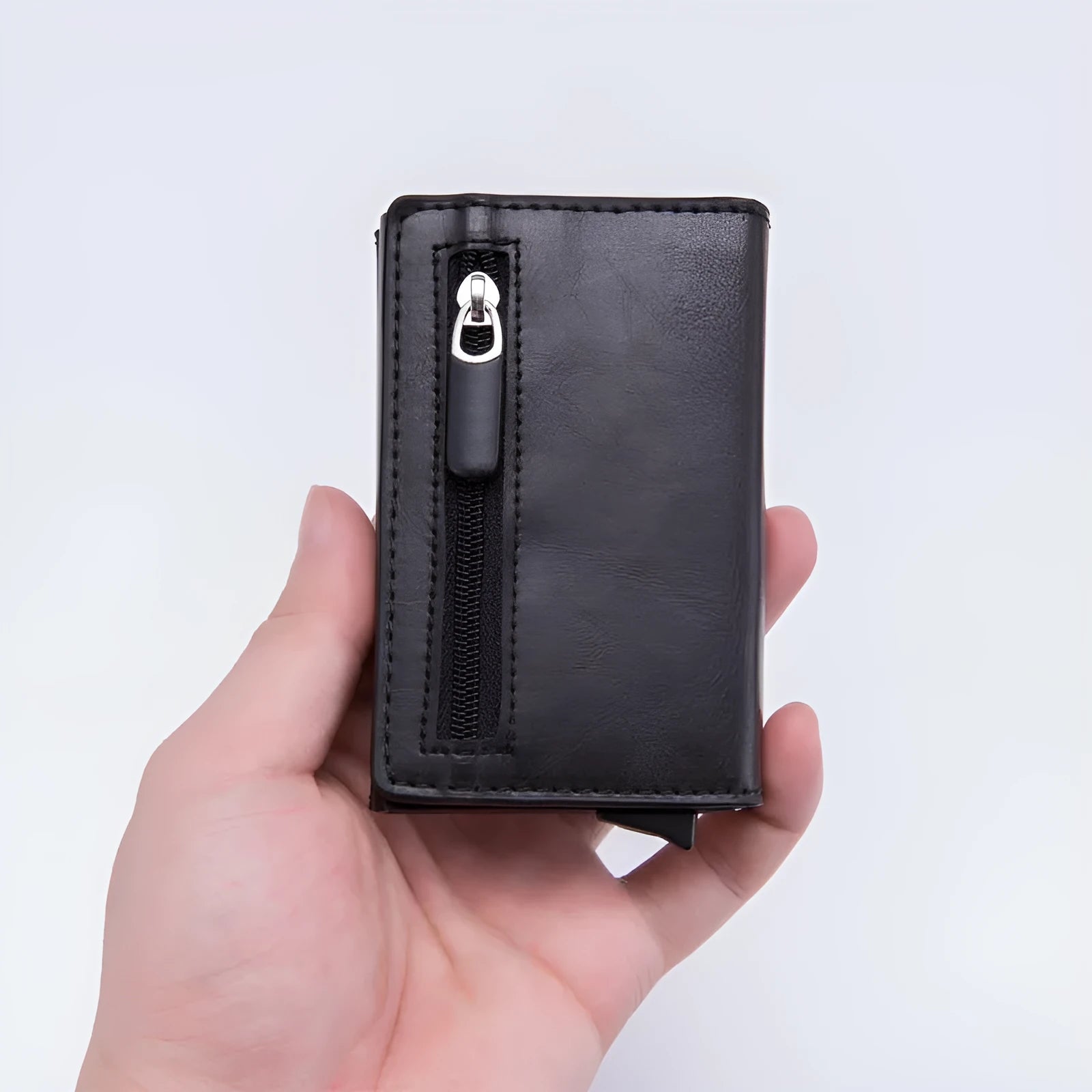 Smart PU wallet in carbon black with RFID blocking, 6.5 by 10 by 1.8 centimetres