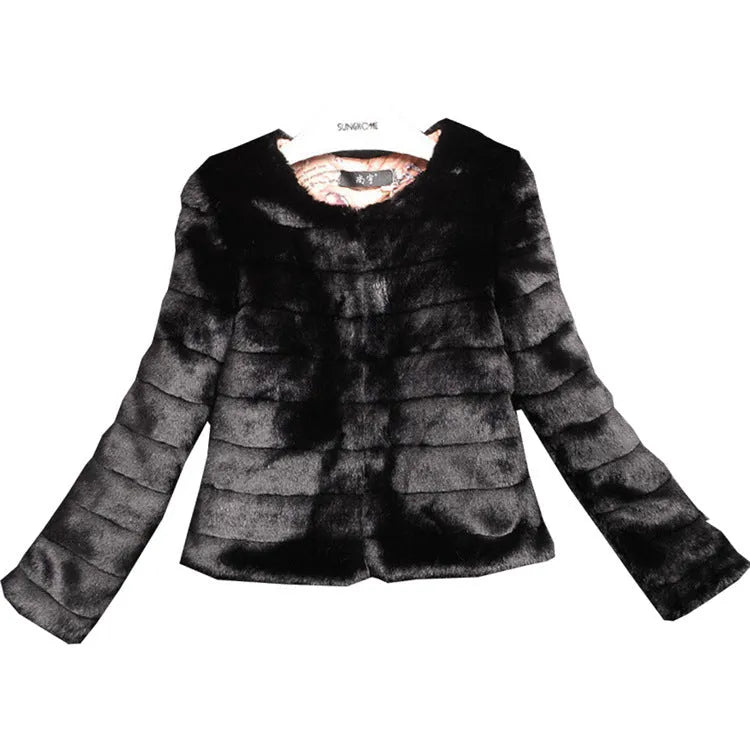Women's short length faux fur top in white, black or beige with regular sleeves, 40cm length