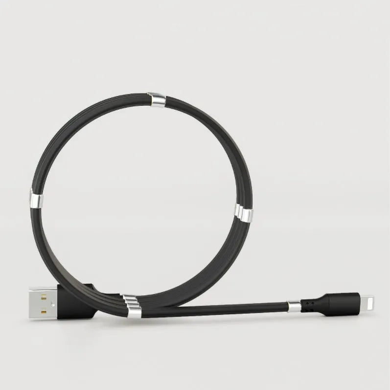 White magnetic nano data line with aluminium alloy joints and multiple connector heads on a desk