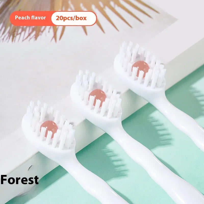 Box containing 20 disposable bead toothbrushes for travel with flavour options