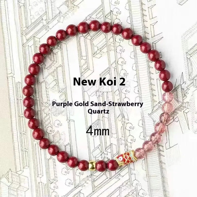 Close-up of a women's adjustable bracelet made with purple cinnabar and strawberry quartz beads in a retro style.