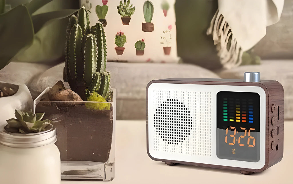 Brown woodgrain retro Bluetooth radio speaker with FM dials and carrying handle
