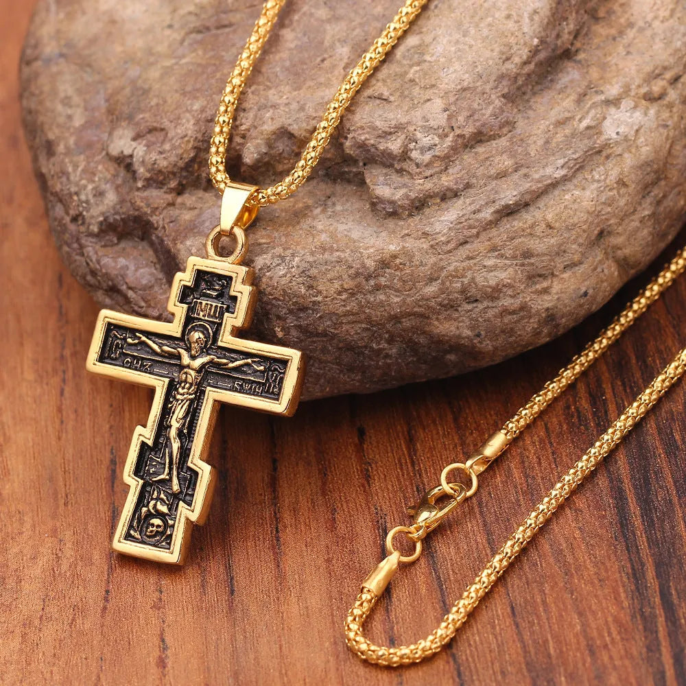 Gold cross Jesus pendant necklace on alloy chain, 5cm length, geometric design