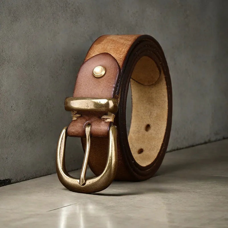 Men's genuine cowhide leather casual belt with copper buckle in black, brown or khaki.