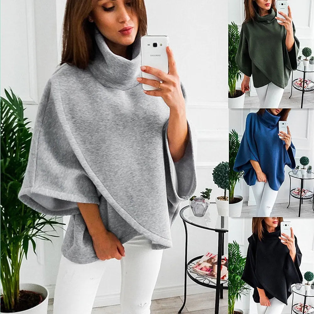 Women's longline bat-sleeve cardigan sweatshirt in grey with three-button placket and stitching detail.