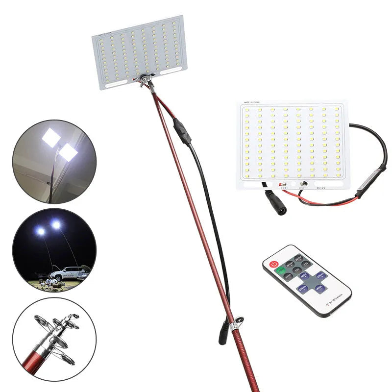 LED fishing rod light with telescopic pole extended, showing remote control and 12V power connection