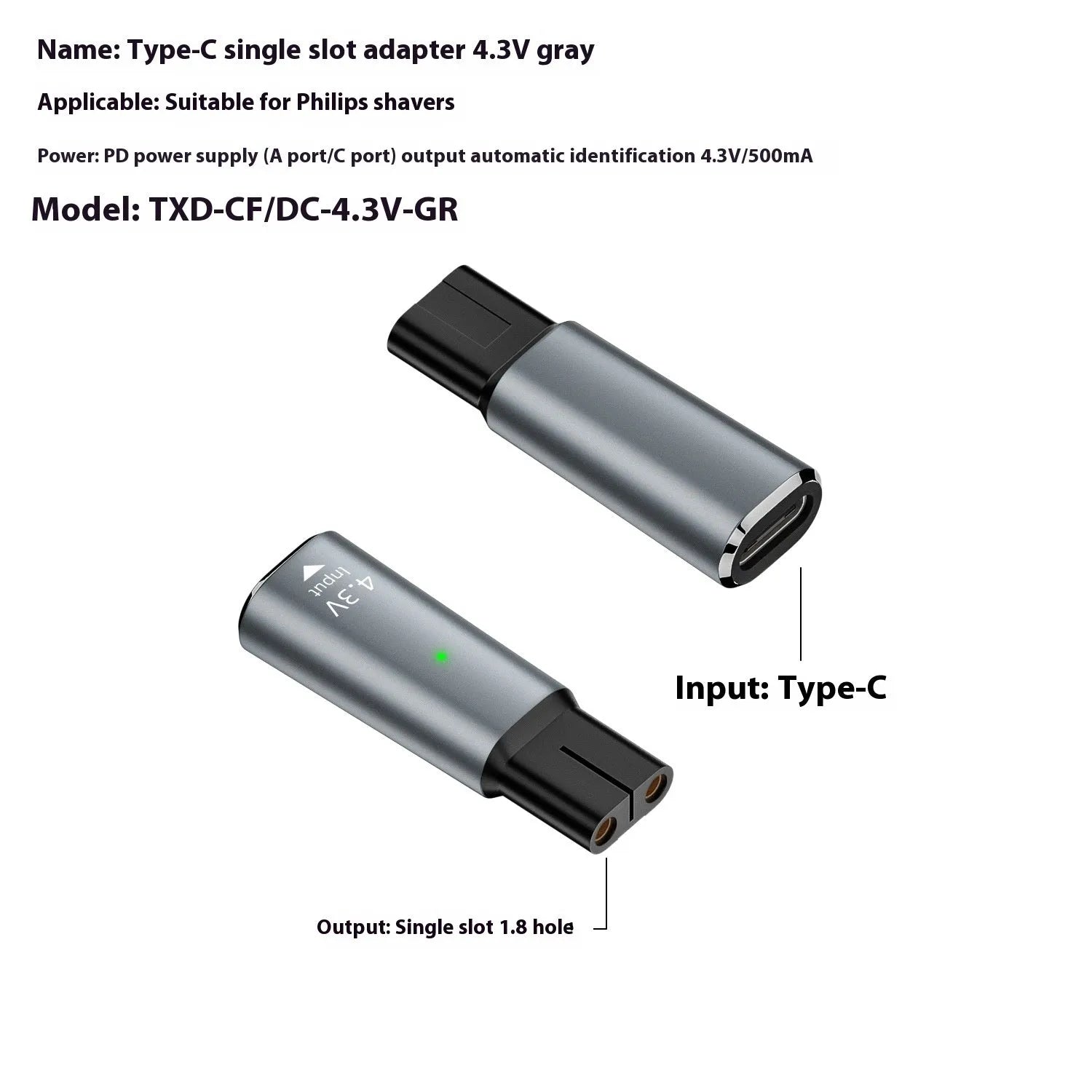 Black USB-C charging adapter for electric shavers with aluminium alloy case and 4.3V 8W output.