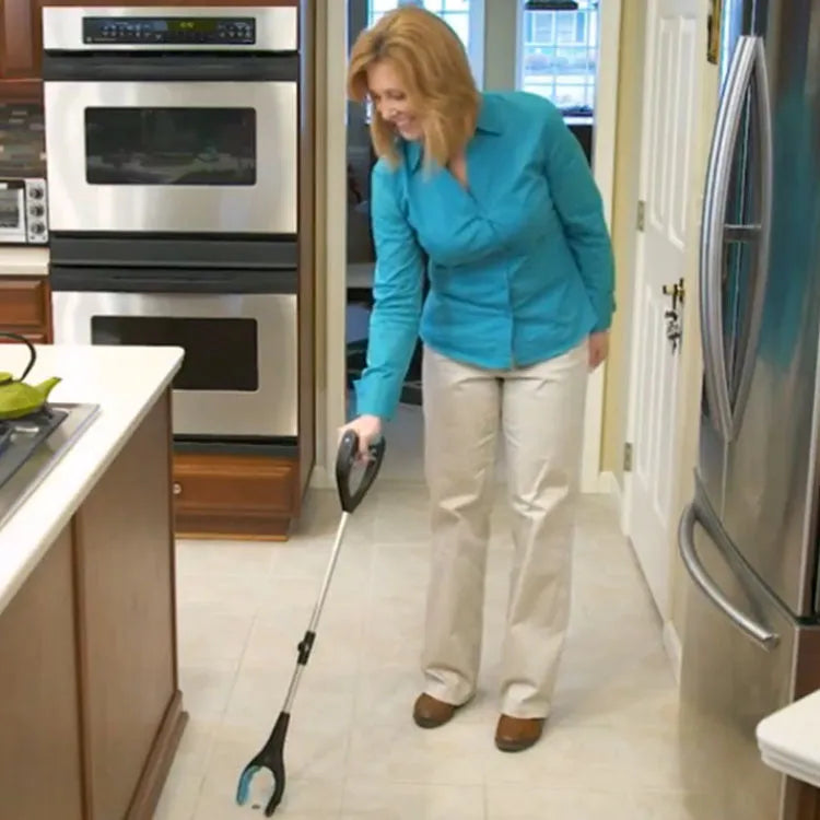 Blue foldable aluminium walking stick with a TPR foam grip, shown both extended and folded.