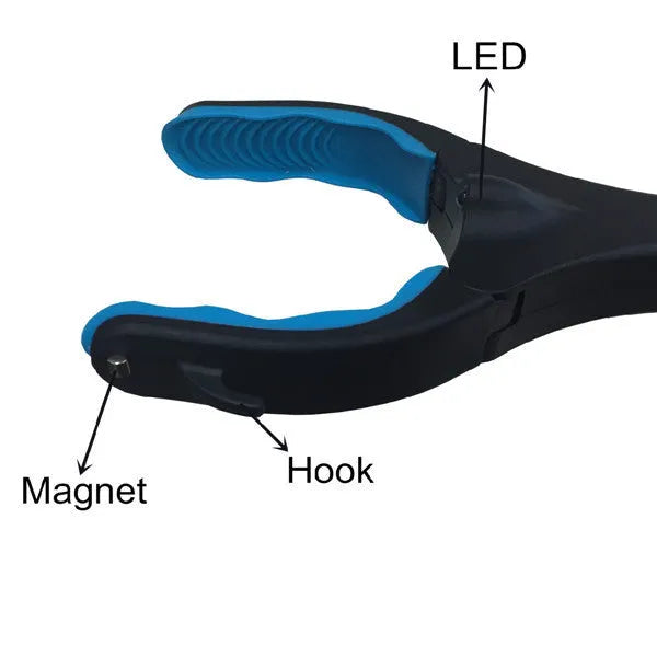 Blue foldable aluminium walking stick with a TPR foam grip, shown both extended and folded.