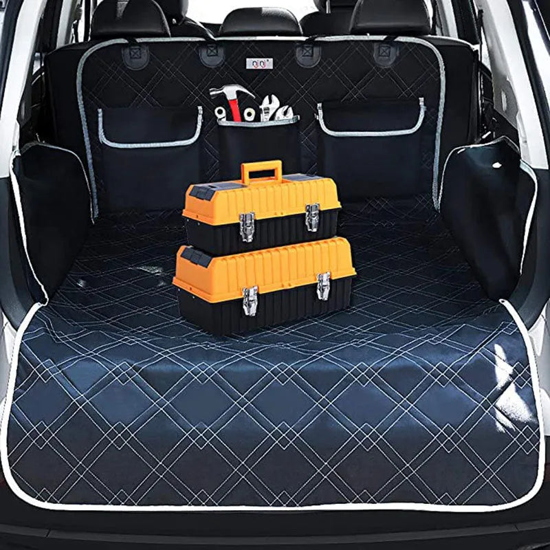 Black 600D Oxford cloth pet car trunk mat measuring 185x103cm with pockets for dog travel