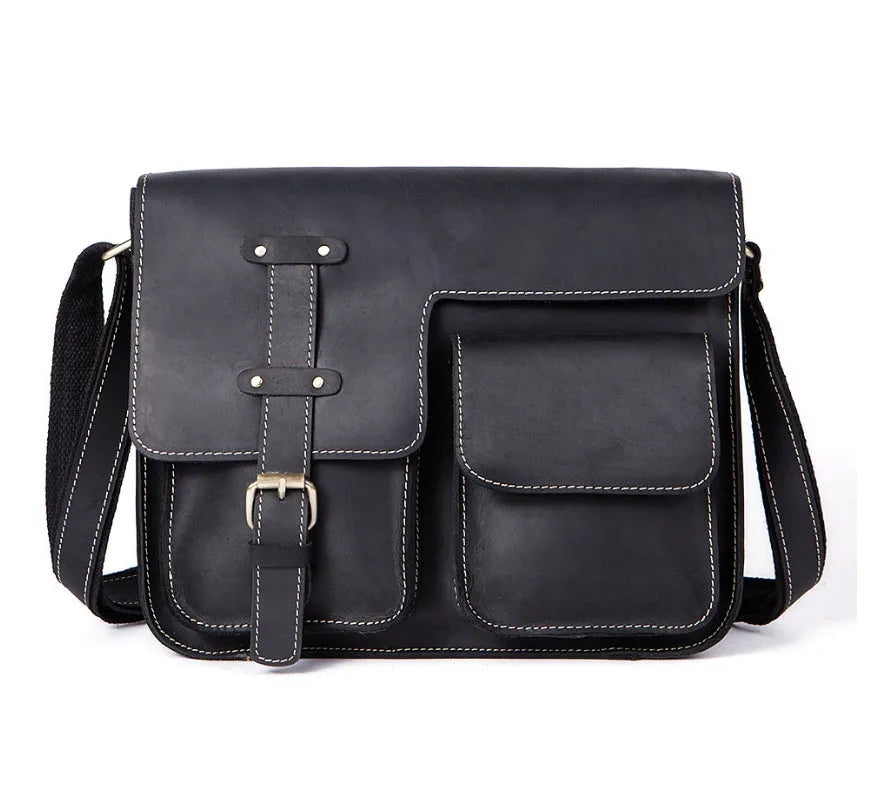 Vintage leather messenger bag with crossbody strap showing multiple compartments and available in three colour options