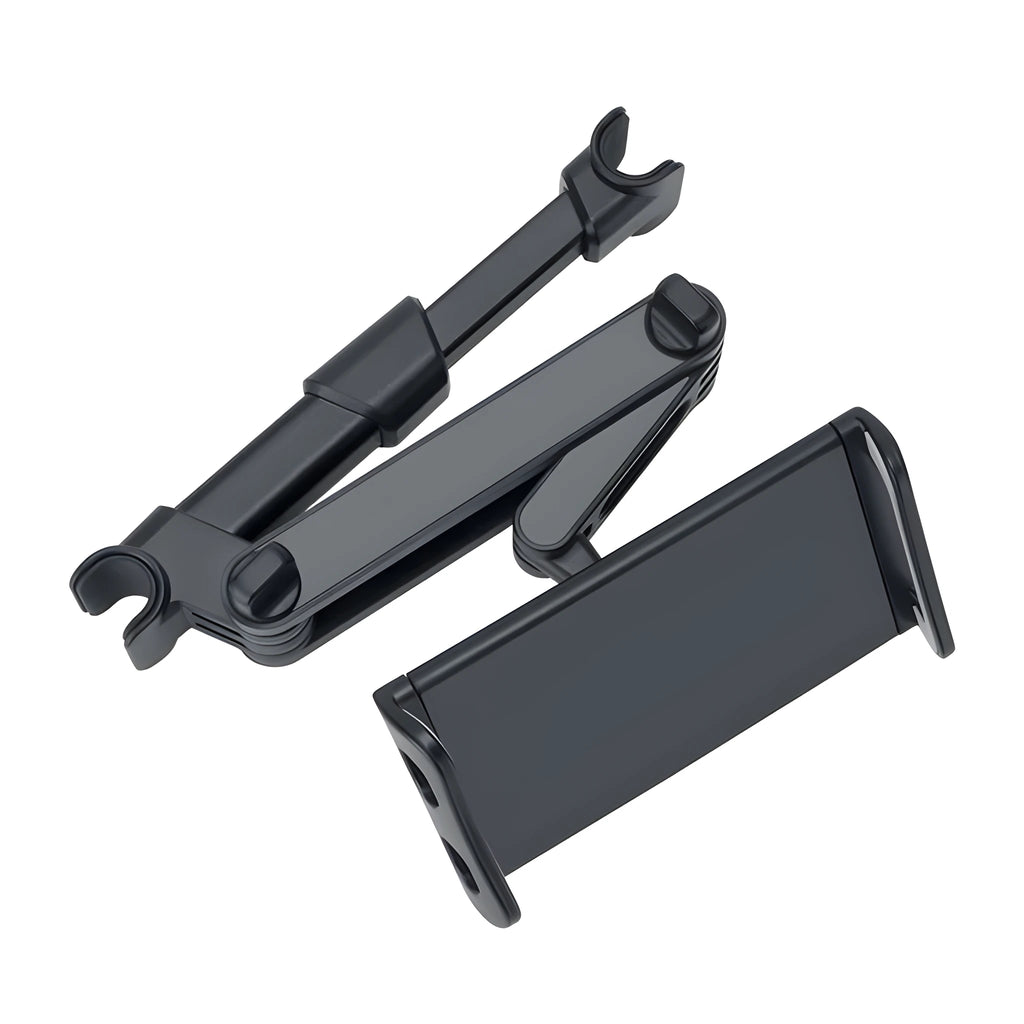 Black universal car phone and tablet holder with adjustable clamp mounted on vehicle rear seat