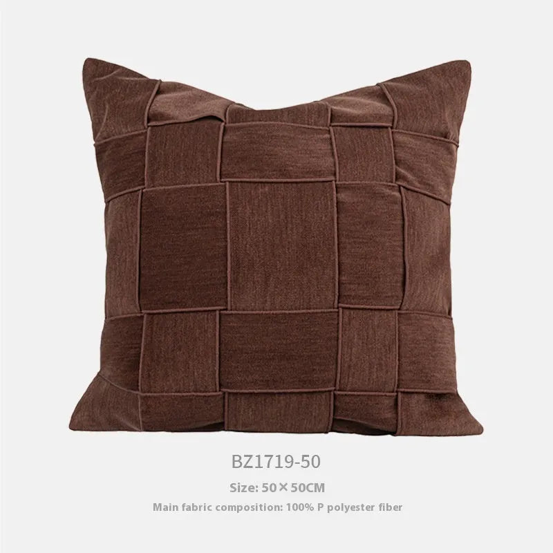 Square 50x50cm chenille woven decorative pillow in beige colour with textured fabric.