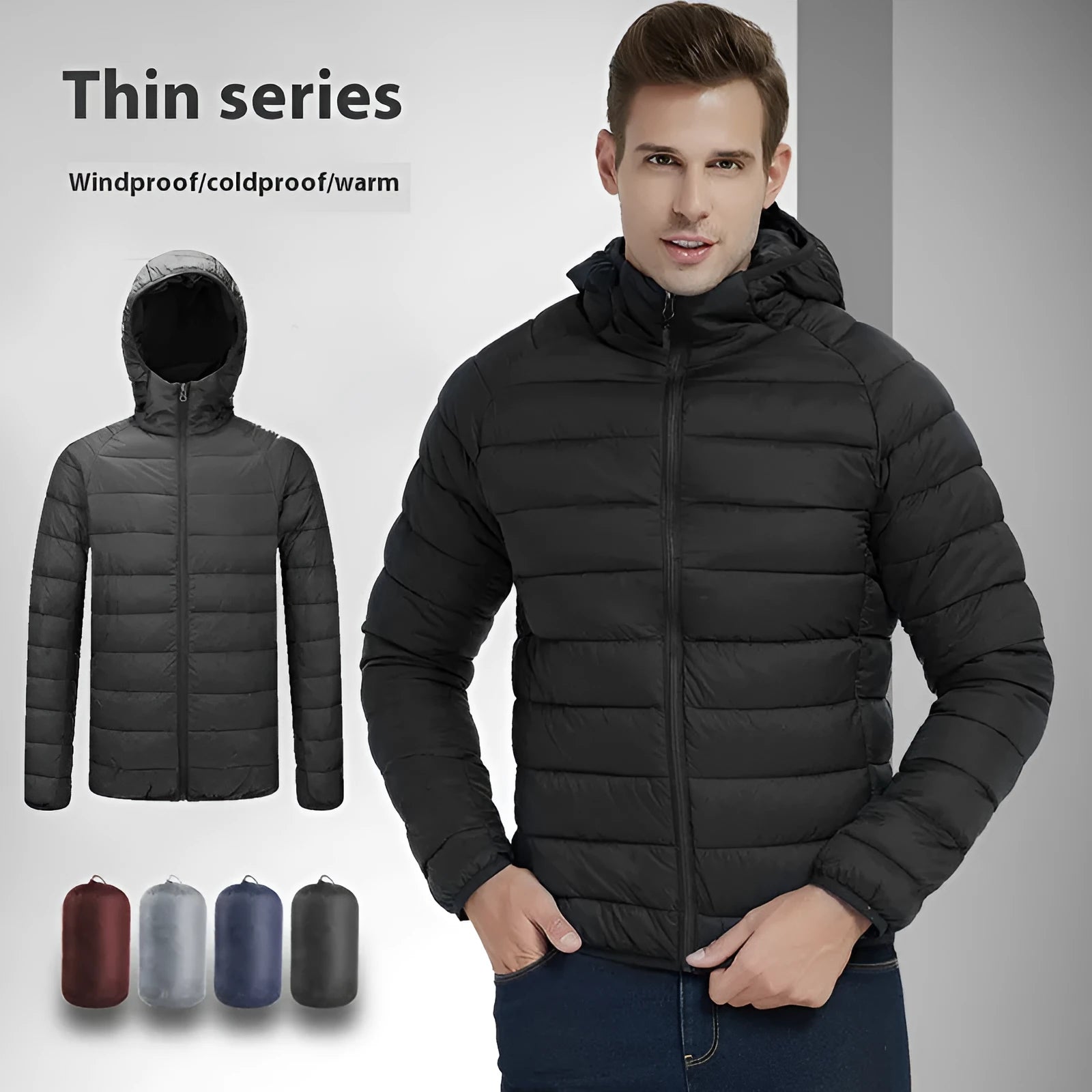 Men's lightweight hooded coat in solid colour, nylon fabric, zipper front, long sleeves, available in multiple colours and sizes