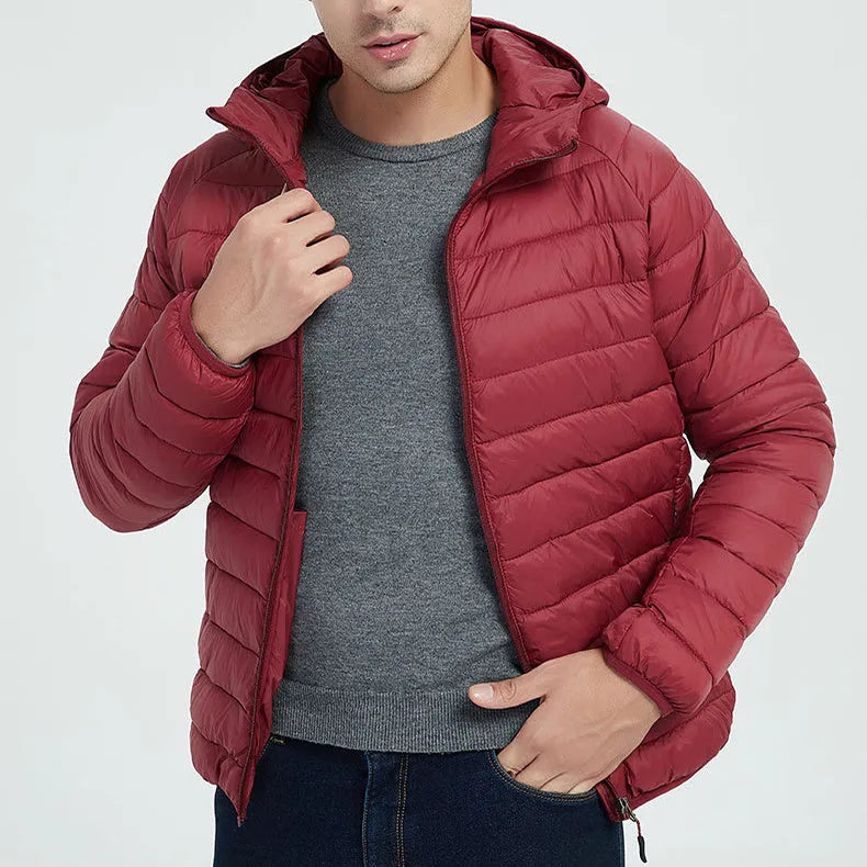 Men's lightweight hooded coat in solid colour, nylon fabric, zipper front, long sleeves, available in multiple colours and sizes
