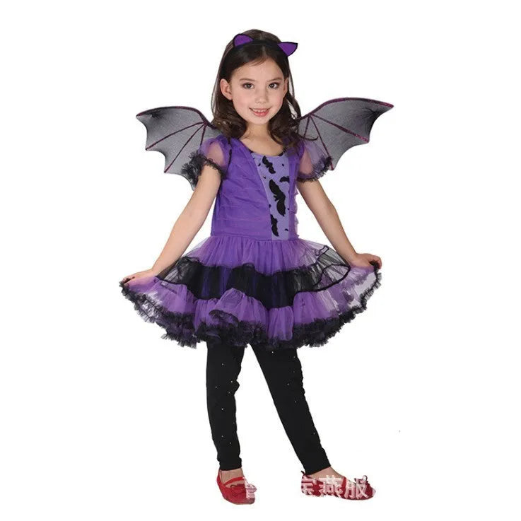 Children's purple spandex Halloween dress with stretch fabric, available in sizes 100cm to 160cm