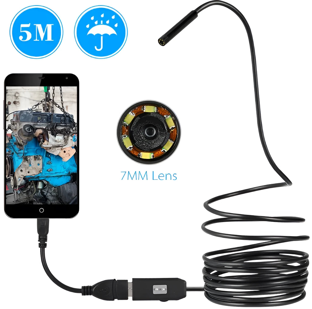OWSOO USB endoscope camera with 5m cable, 7mm lens, LED lights, hook, magnet, and mirror attachments