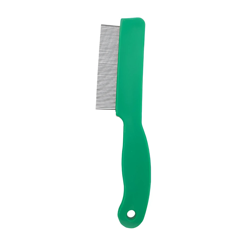 Green pet flea comb with stainless steel pins measuring 129mm for dog and cat grooming