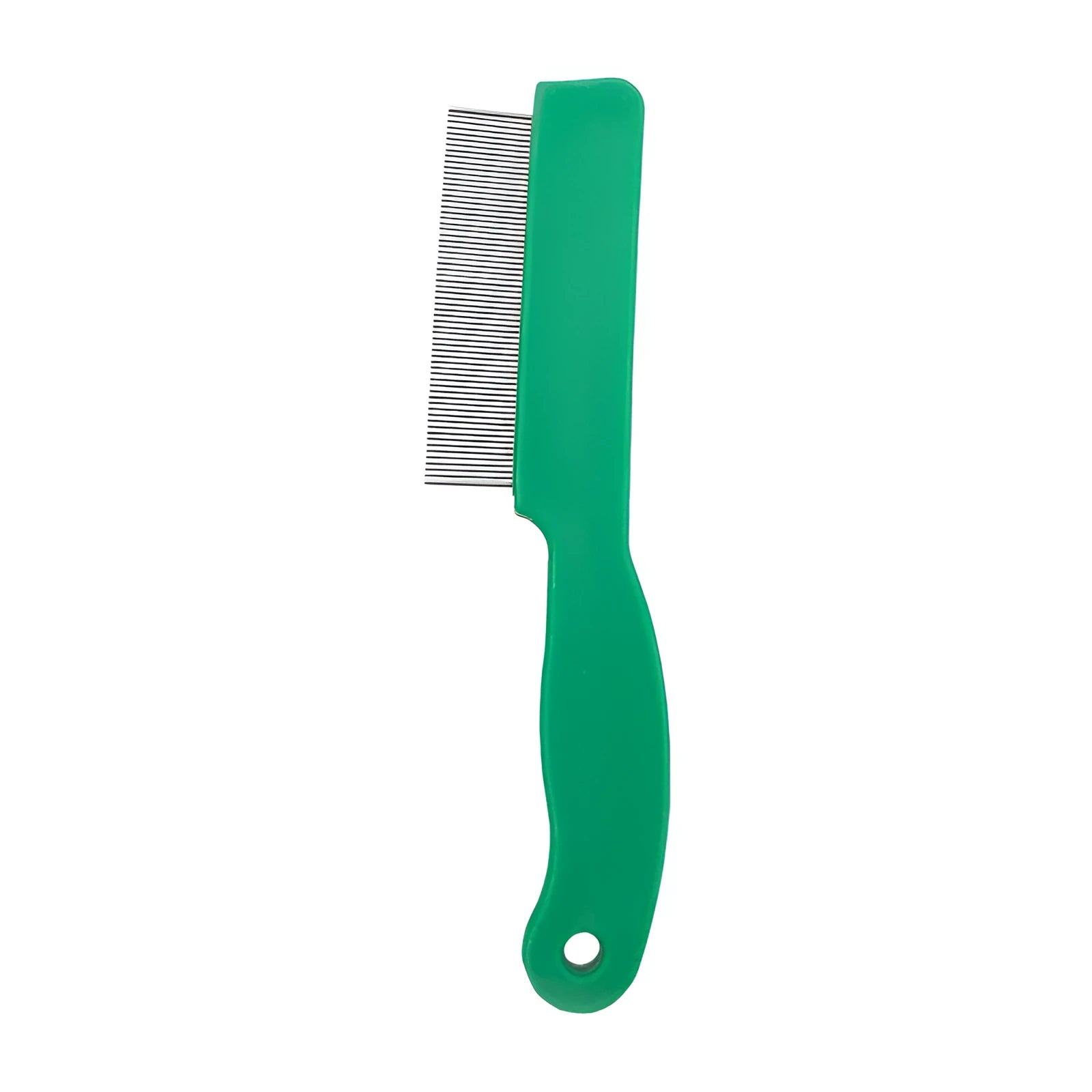Green pet flea comb with stainless steel pins measuring 129mm for dog and cat grooming